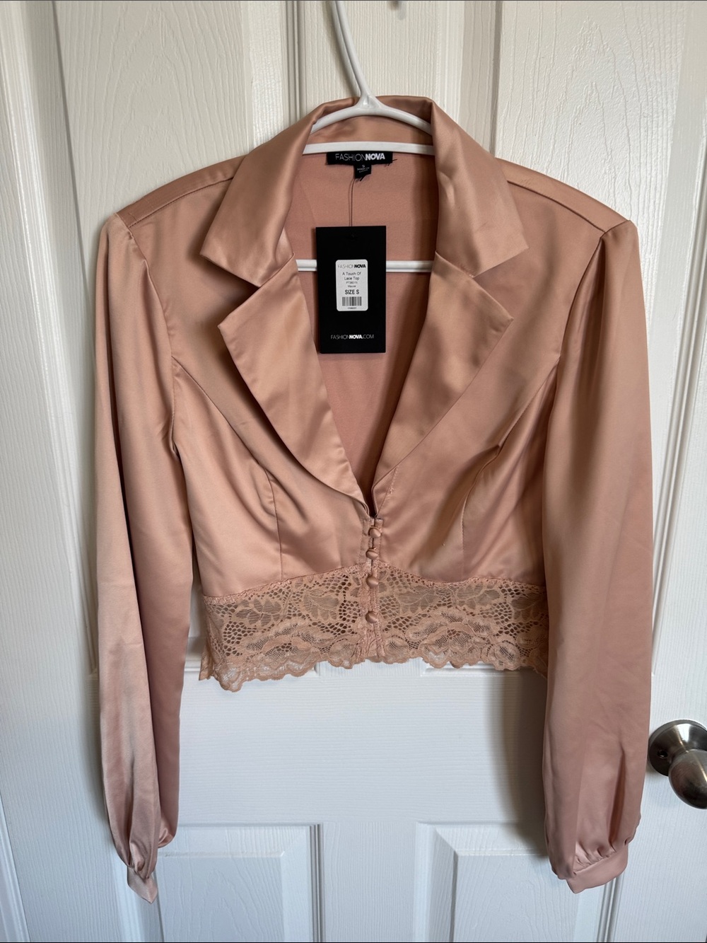 Fashion Nova Blush Pink Satin Lace Crop Blazer